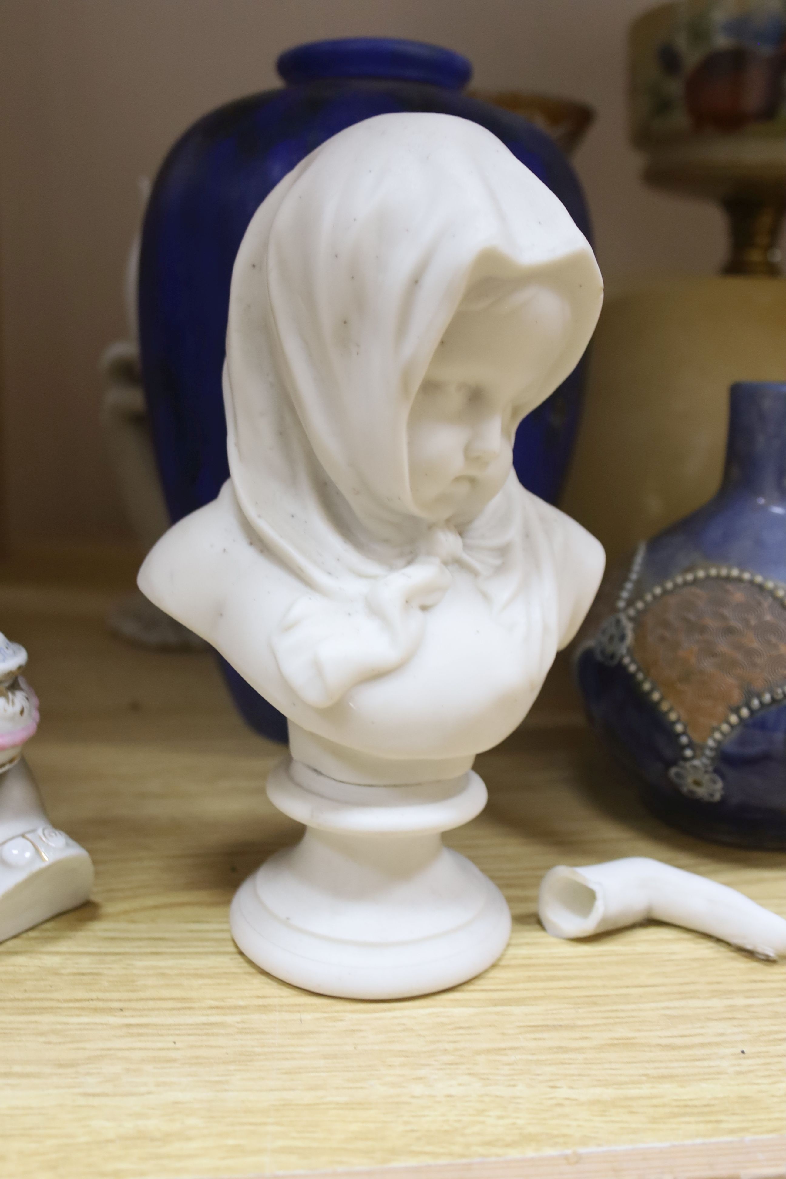 Mixed ceramics, overlaid glass vase and a Victorian oil lamp